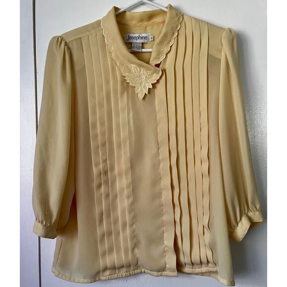 Vintage 80s Josephine Yellow Cutout Collar Pleated Blouse Med Large Cottage Boho - Picture 1 of 6